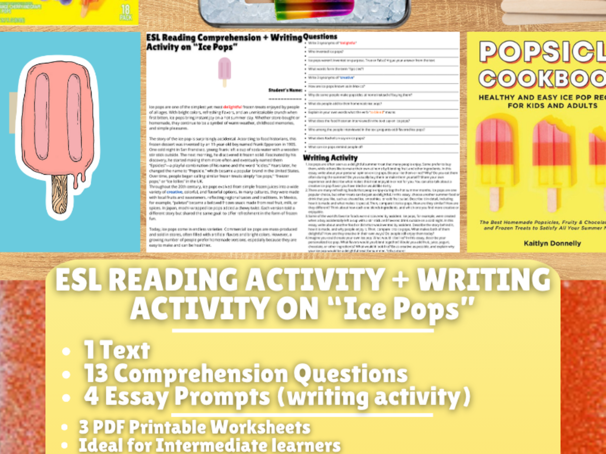 An educational teaching resource from Learning with Alan entitled ESL Reading Comprehension + Writing Activity Worksheets on "Ice Pops" downloadable at Teach Simple.