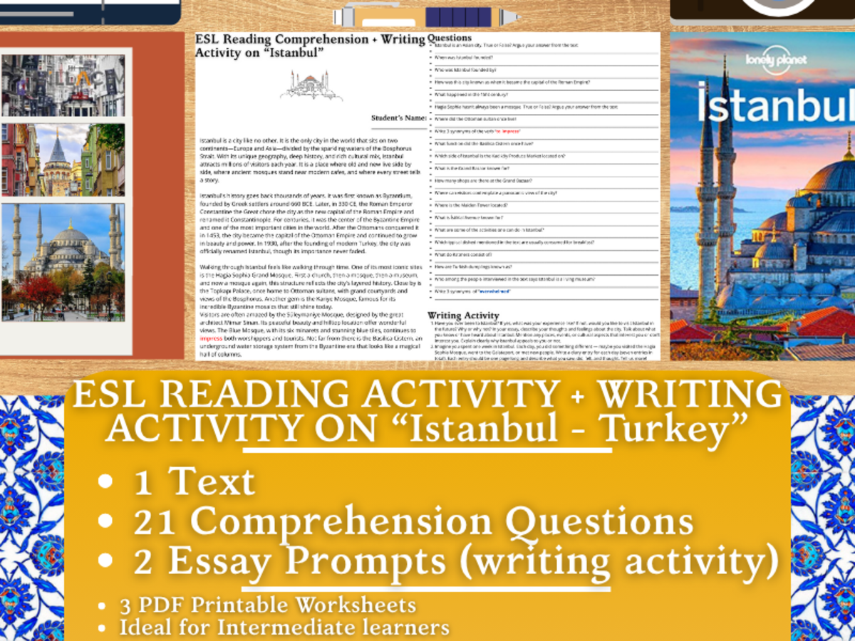An educational teaching resource from Learning with Alan entitled ESL Reading Comprehension + Writing Activity Worksheets on Istanbul downloadable at Teach Simple.