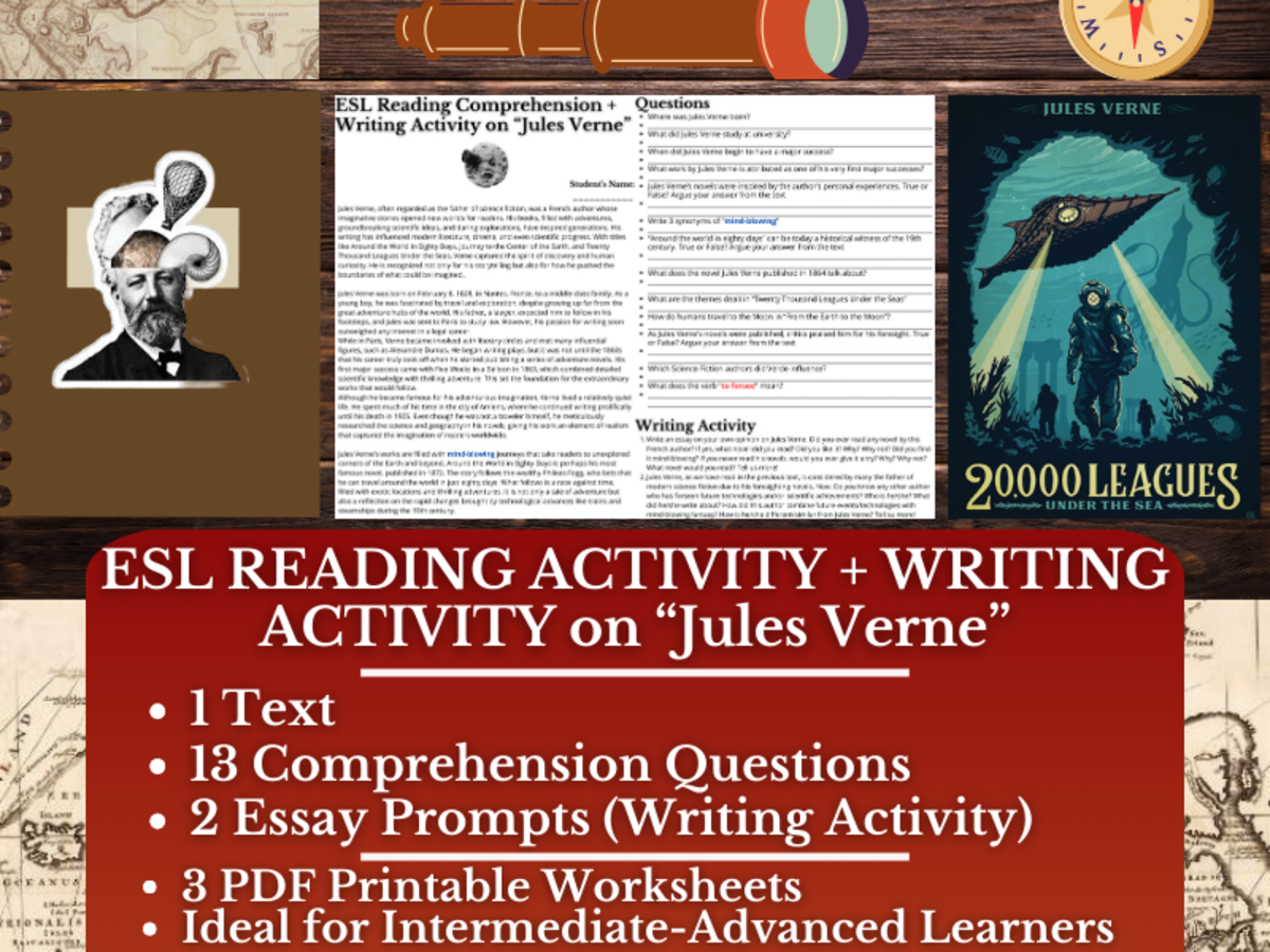 An educational teaching resource from Learning with Alan entitled ESL Reading Comprehension + Writing Activity Worksheets on Jules Verne downloadable at Teach Simple.