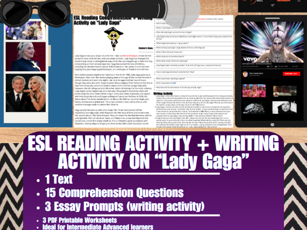 An educational teaching resource from Learning with Alan entitled ESL Reading Comprehension + Writing Activity Worksheets on "Lady Gaga" downloadable at Teach Simple.