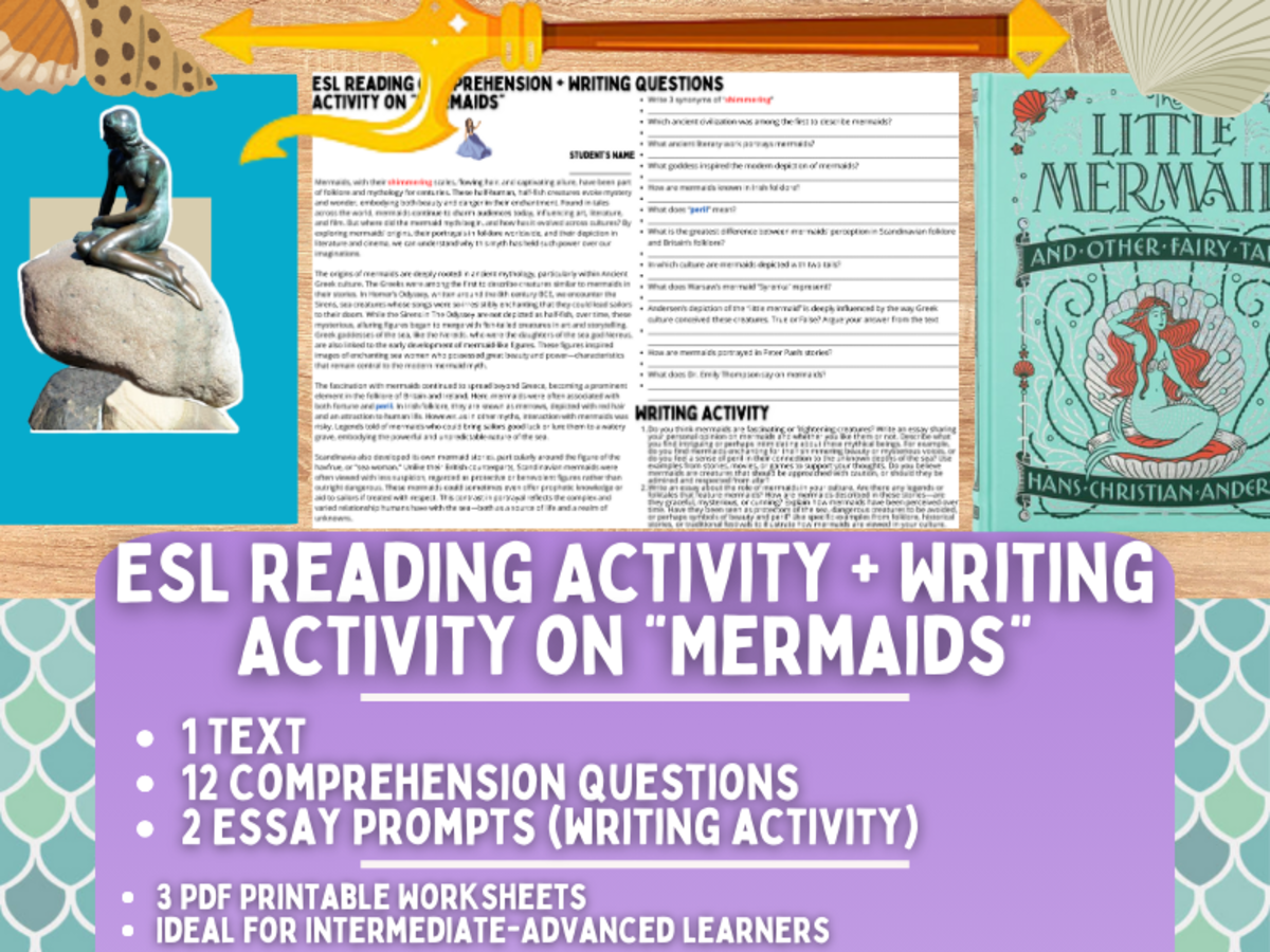 An educational teaching resource from Learning with Alan entitled ESL Reading Comprehension + Writing Activity Worksheets on "Mermaids" downloadable at Teach Simple.