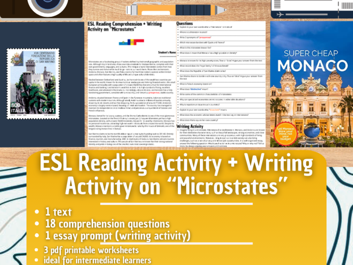 An educational teaching resource from Learning with Alan entitled ESL Reading Comprehension + Writing Activity Worksheets on Microstates downloadable at Teach Simple.