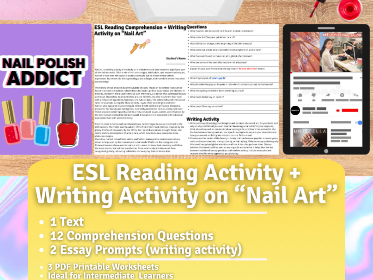 An educational teaching resource from Learning with Alan entitled ESL Reading Comprehension + Writing Activity Worksheets on "Nail Art" downloadable at Teach Simple.