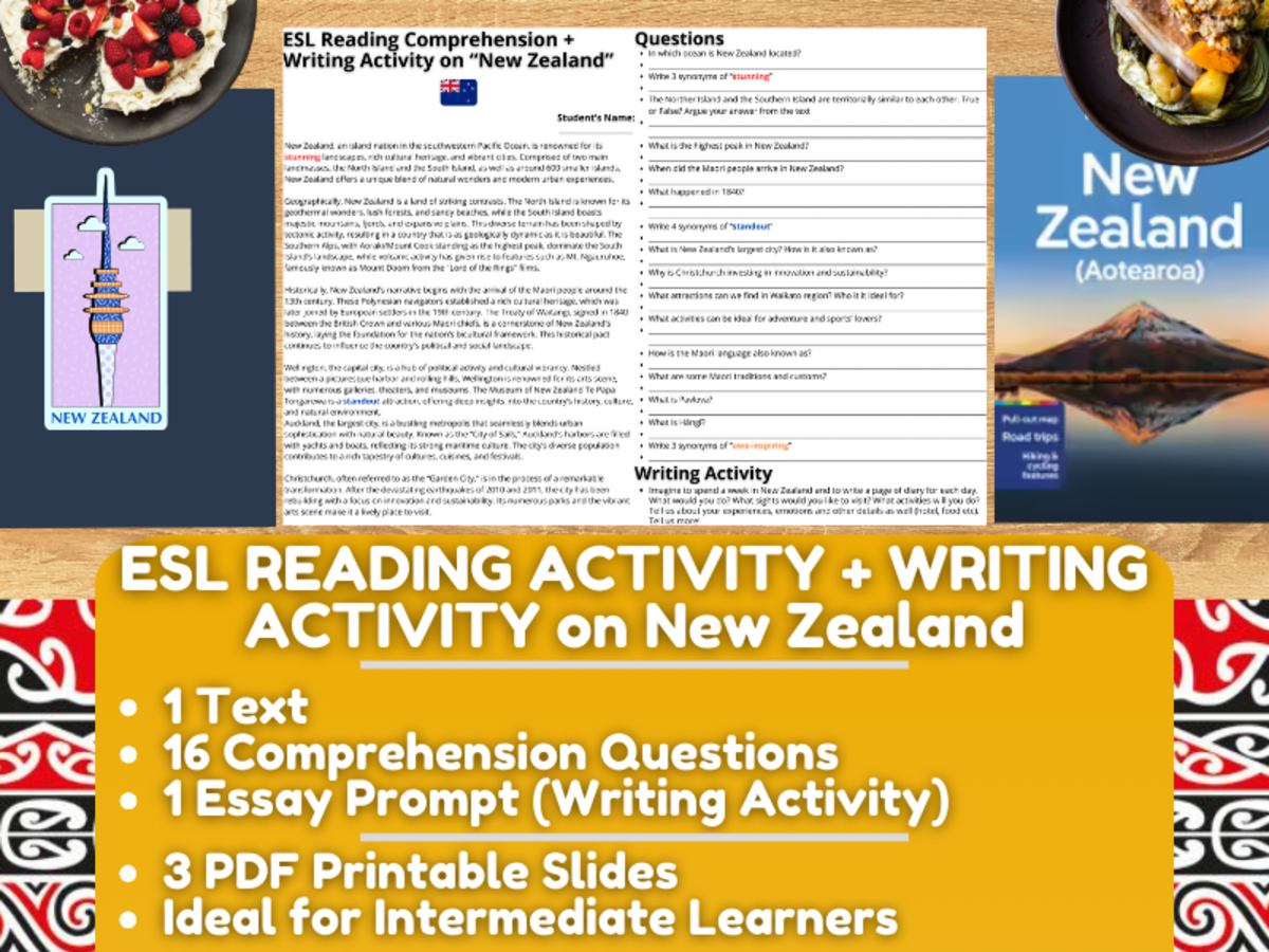 An educational teaching resource from Learning with Alan entitled ESL Reading Comprehension + Writing Activity Worksheets on New Zealand downloadable at Teach Simple.