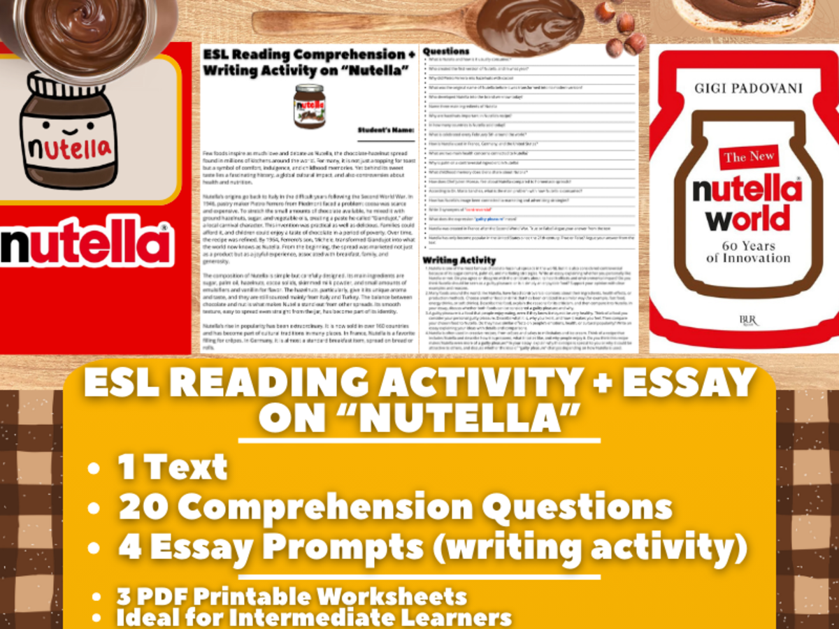 An educational teaching resource from Learning with Alan entitled ESL Reading Comprehension + Writing Activity Worksheets on Nutella downloadable at Teach Simple.
