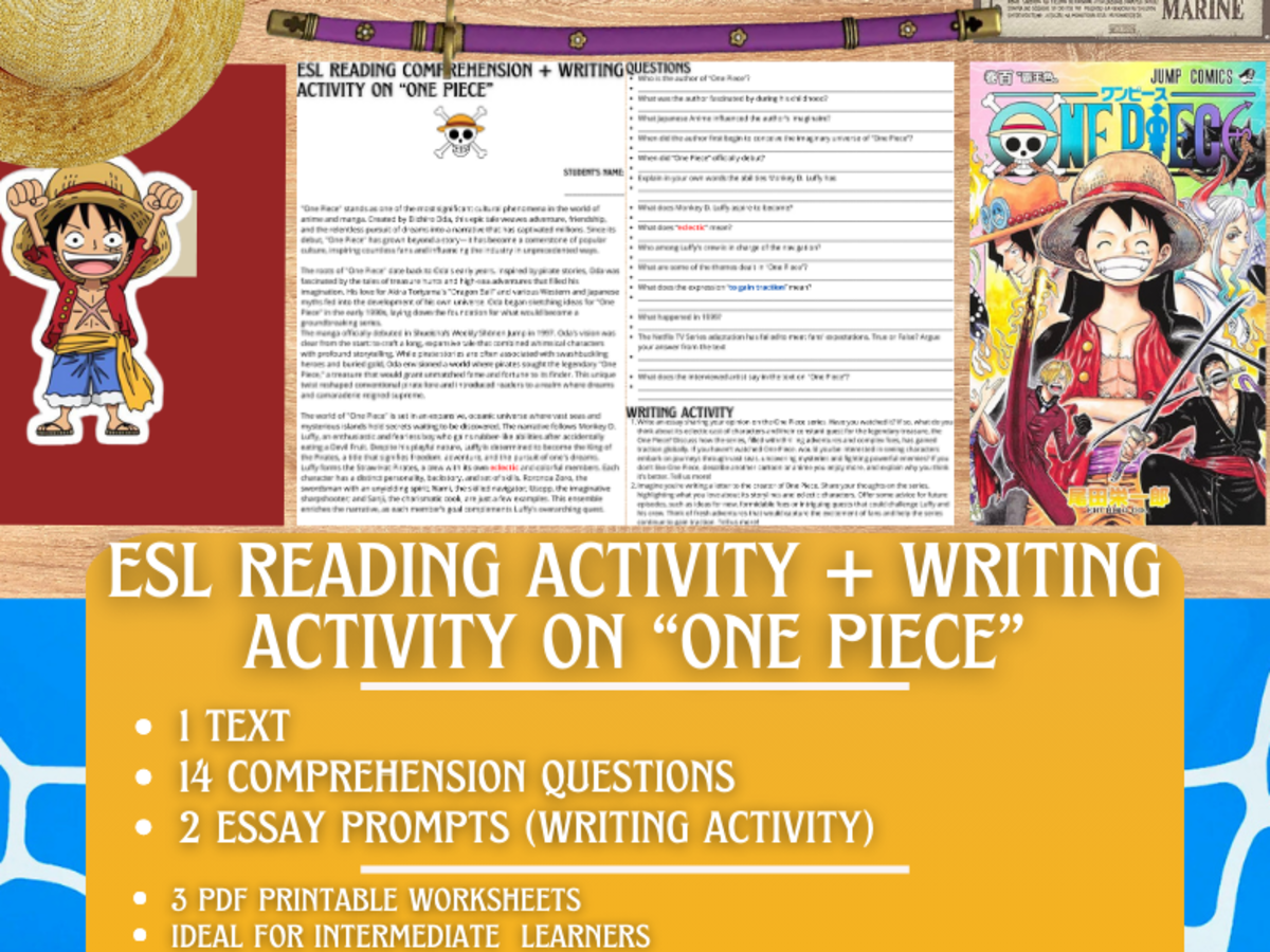 An educational teaching resource from Learning with Alan entitled ESL Reading Comprehension + Writing Activity Worksheets on "One Piece" downloadable at Teach Simple.