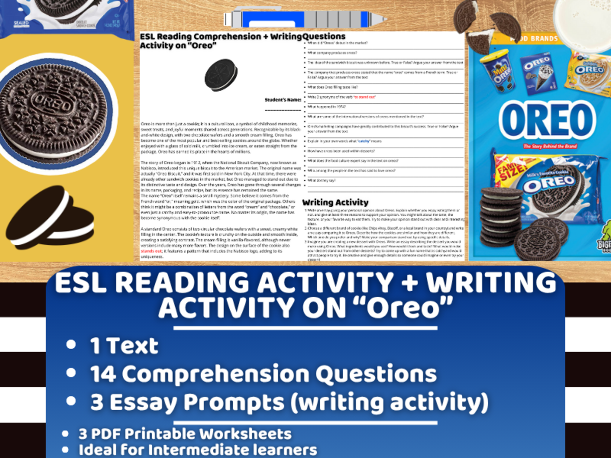 An educational teaching resource from Learning with Alan entitled ESL Reading Comprehension + Writing Activity Worksheets on Oreo downloadable at Teach Simple.