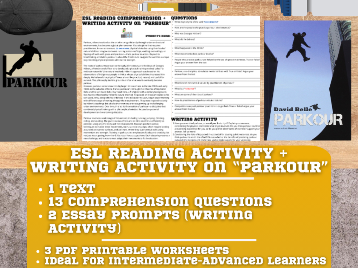An educational teaching resource from Learning with Alan entitled ESL Reading Comprehension + Writing Activity Worksheets on Parkour downloadable at Teach Simple.