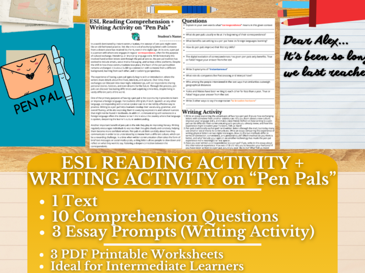 An educational teaching resource from Learning with Alan entitled ESL Reading Comprehension + Writing Activity Worksheets on Pen Pals downloadable at Teach Simple.