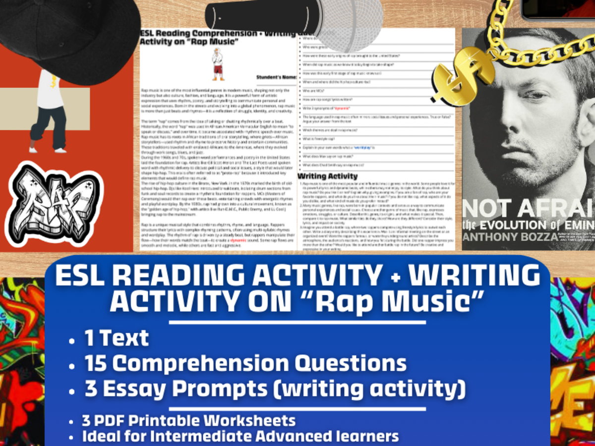 An educational teaching resource from Learning with Alan entitled ESL Reading Comprehension + Writing Activity Worksheets on Rap Music downloadable at Teach Simple.