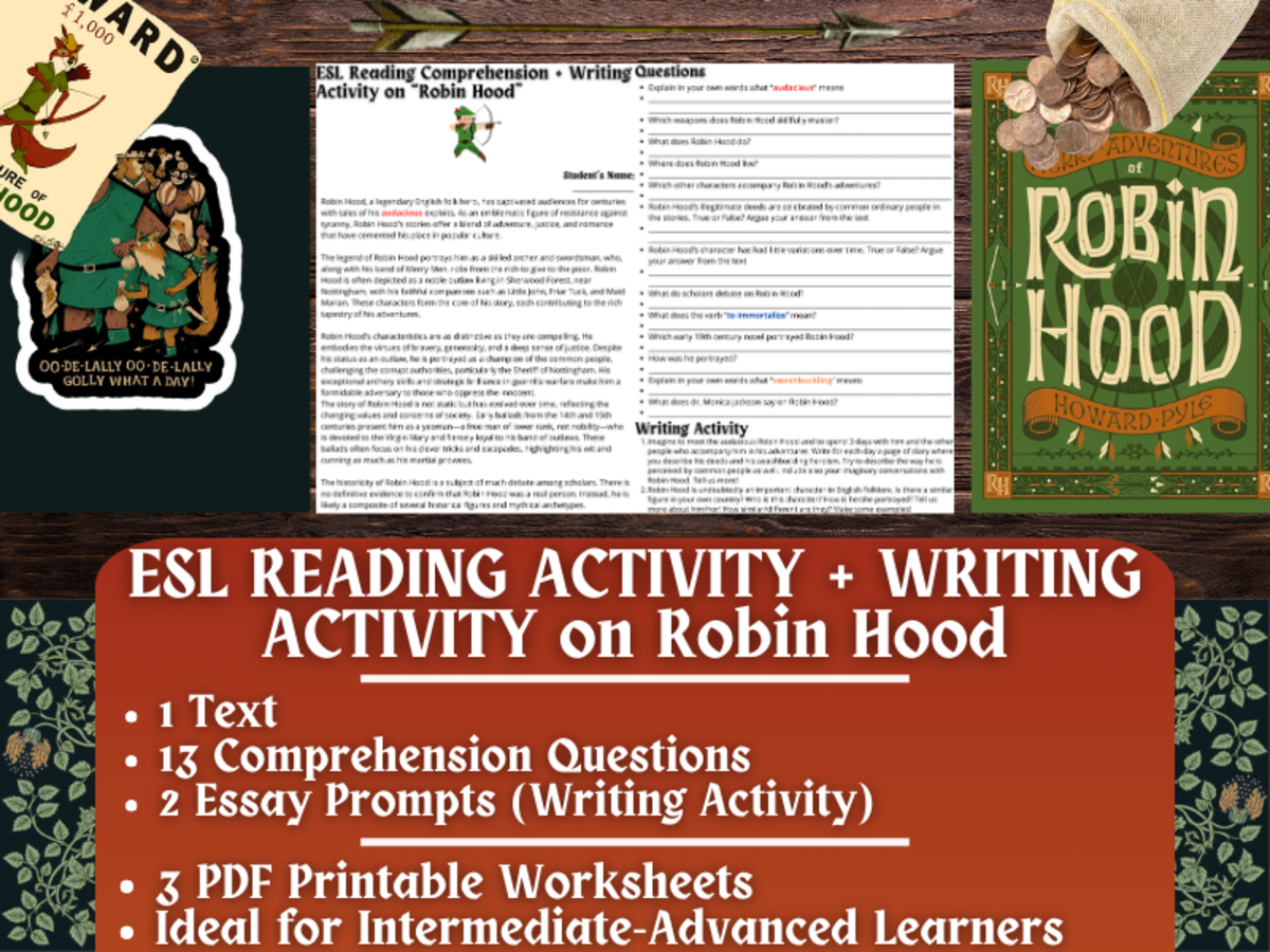 An educational teaching resource from Learning with Alan entitled ESL Reading Comprehension + Writing Activity Worksheets on Robin Hood downloadable at Teach Simple.