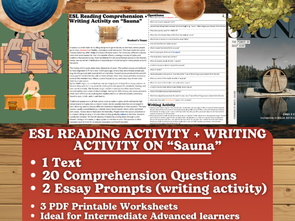 An educational teaching resource from Learning with Alan entitled ESL Reading Comprehension + Writing Activity Worksheets on "Sauna" downloadable at Teach Simple.