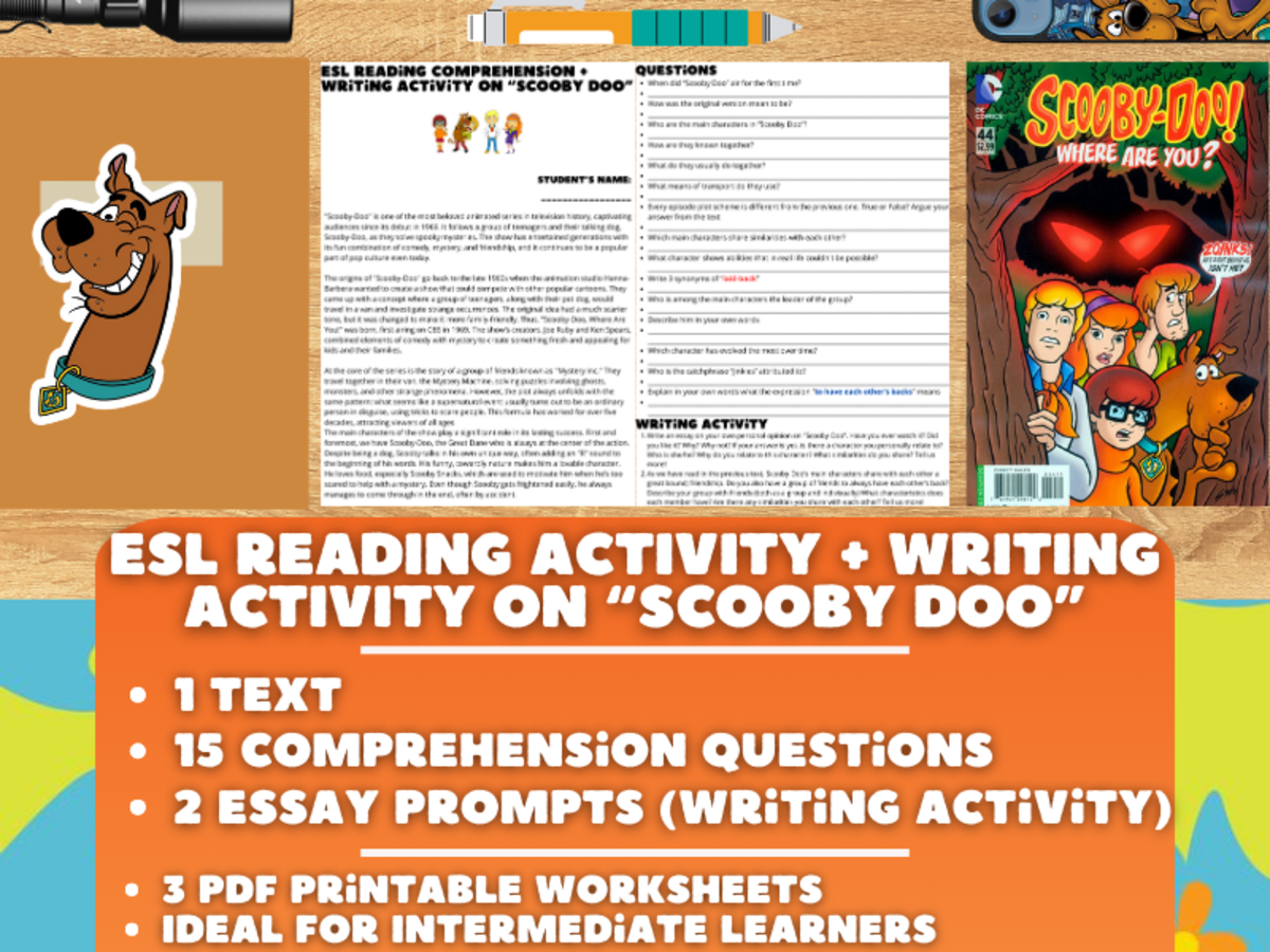 An educational teaching resource from Learning with Alan entitled ESL Reading Comprehension + Writing Activity Worksheets on Scooby Doo downloadable at Teach Simple.