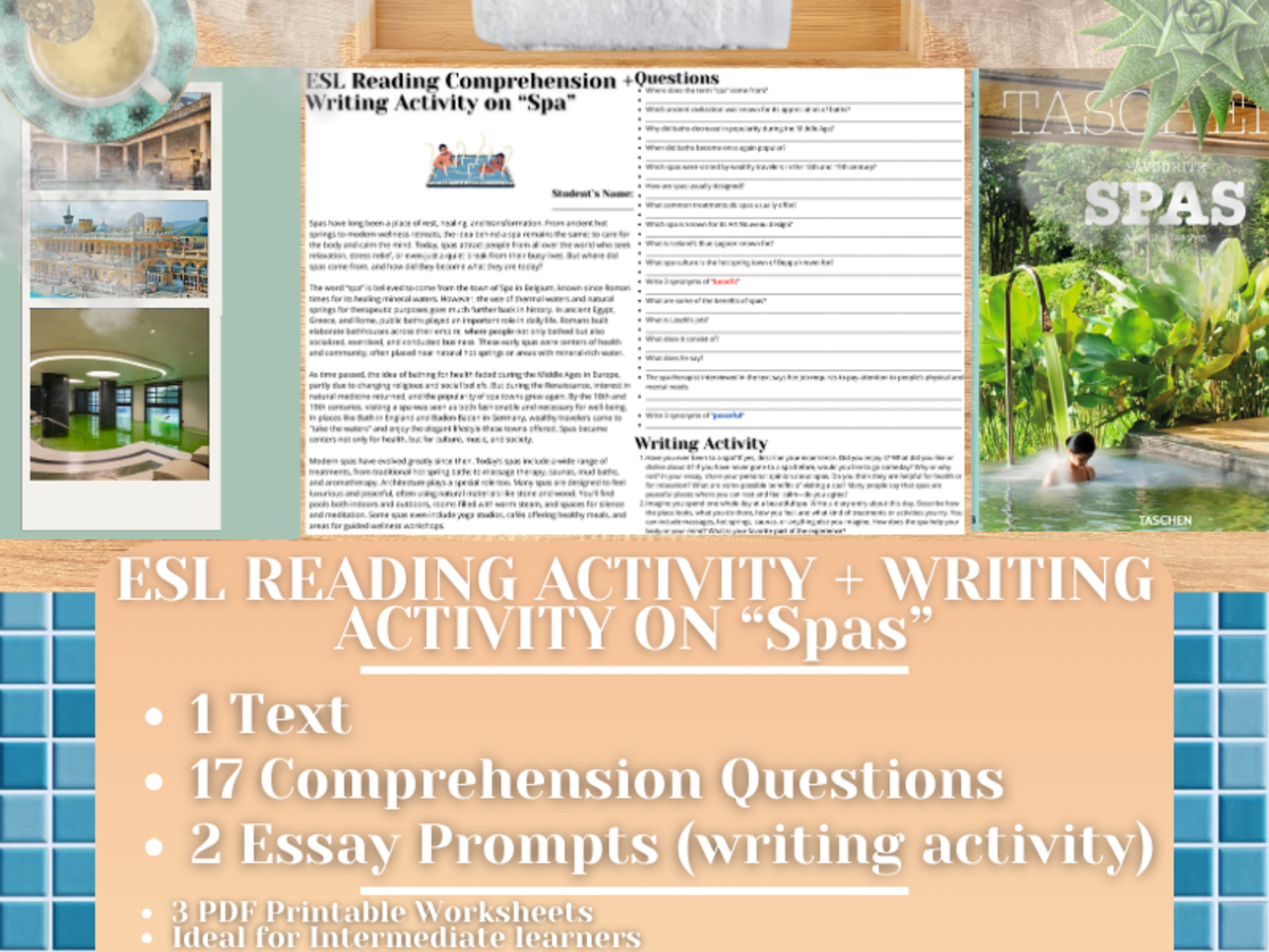 An educational teaching resource from Learning with Alan entitled ESL Reading Comprehension + Writing Activity Worksheets on "Spa" downloadable at Teach Simple.