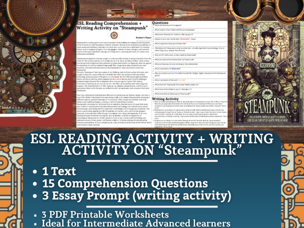 An educational teaching resource from Learning with Alan entitled ESL Reading Comprehension + Writing Activity Worksheets on "Steampunk" downloadable at Teach Simple.