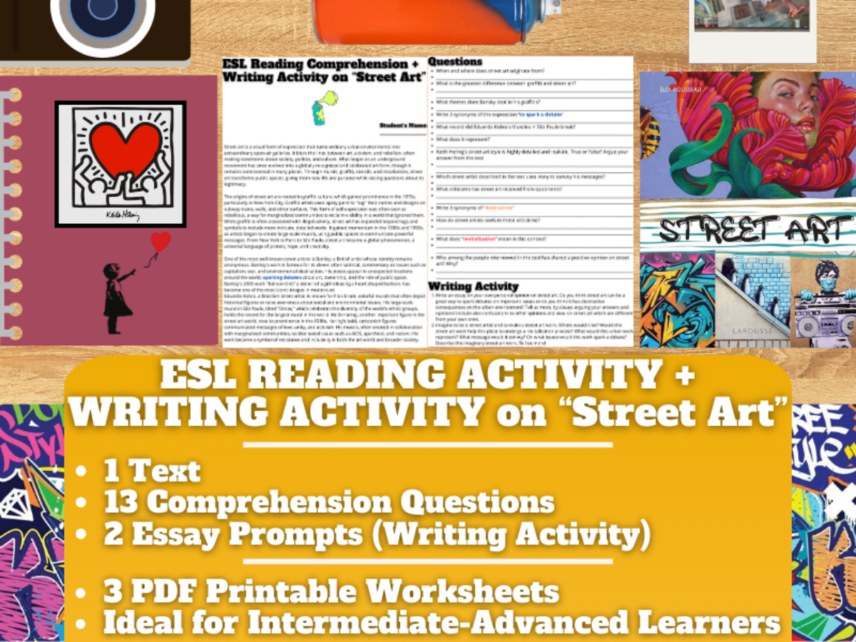 An educational teaching resource from Learning with Alan entitled ESL Reading Comprehension + Writing Activity Worksheets on Street Art downloadable at Teach Simple.