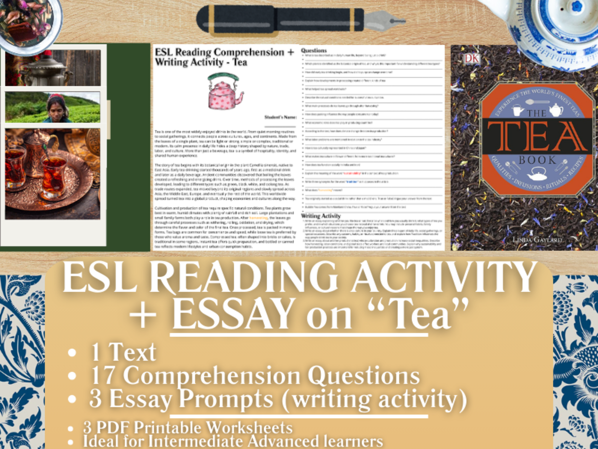 An educational teaching resource from Learning with Alan entitled ESL Reading Comprehension + Writing Activity Worksheets on "Tea" downloadable at Teach Simple.