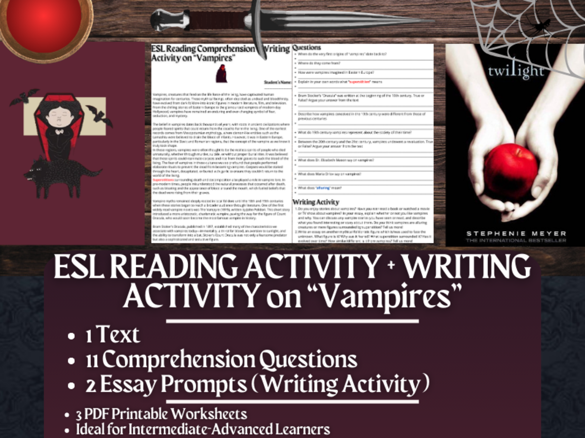 An educational teaching resource from Learning with Alan entitled ESL Reading Comprehension + Writing Activity Worksheets on Vampires downloadable at Teach Simple.