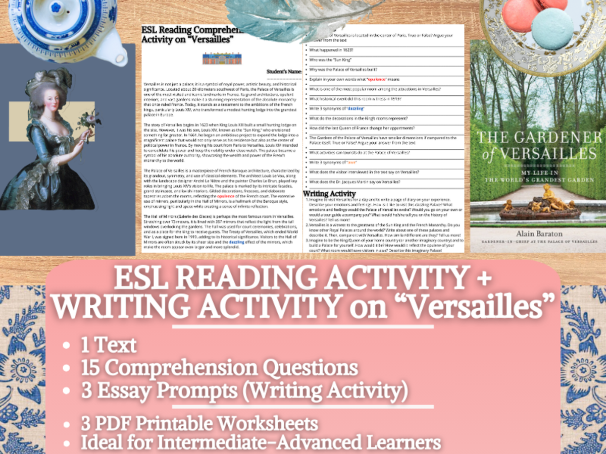 An educational teaching resource from Learning with Alan entitled ESL Reading Comprehension + Writing Activity Worksheets on Versailles downloadable at Teach Simple.