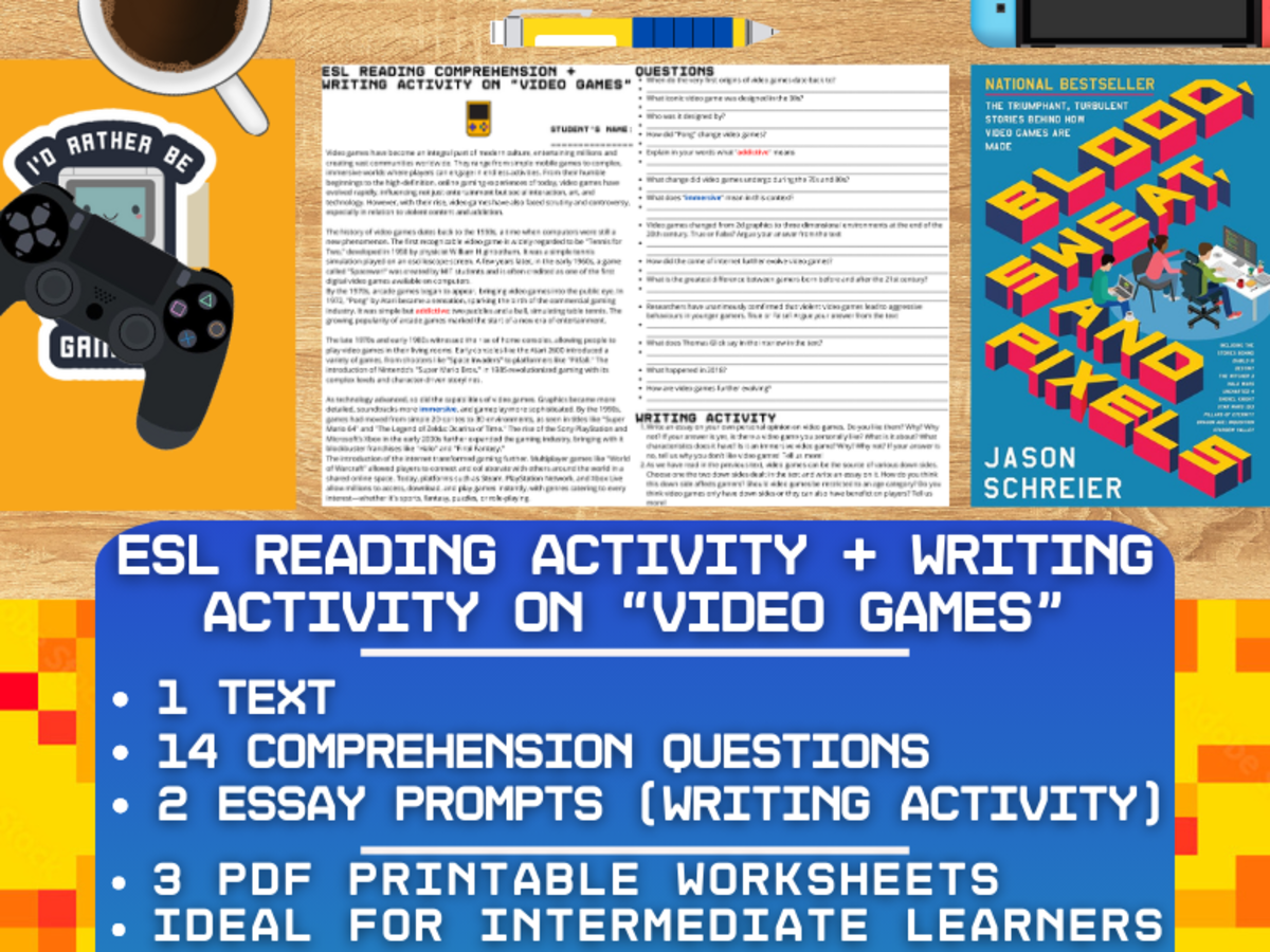 An educational teaching resource from Learning with Alan entitled ESL Reading Comprehension + Writing Activity Worksheets on Video Games downloadable at Teach Simple.