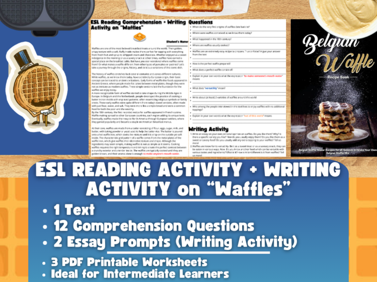 An educational teaching resource from Learning with Alan entitled ESL Reading Comprehension + Writing Activity Worksheets on Waffles downloadable at Teach Simple.