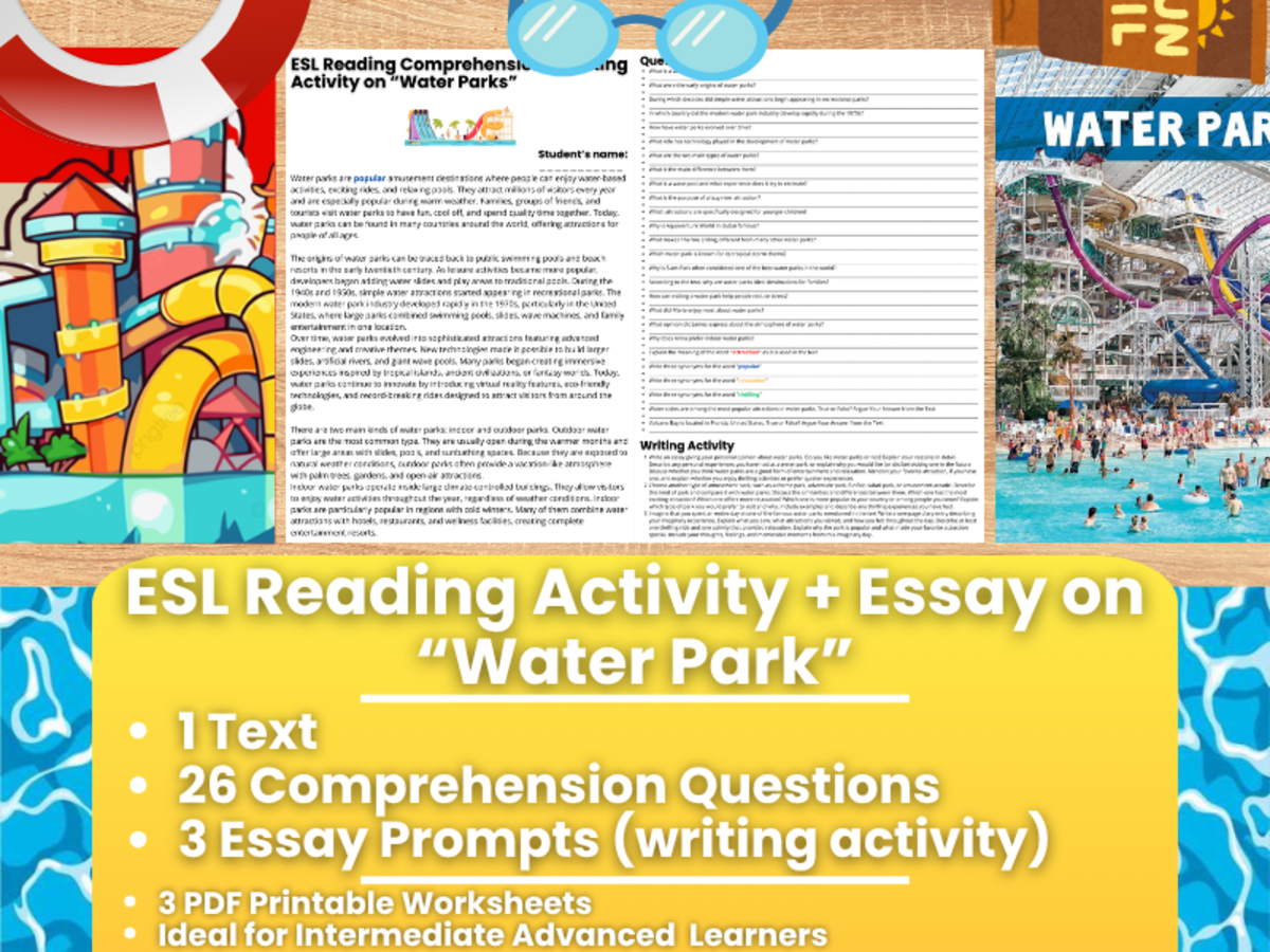 An educational teaching resource from Learning with Alan entitled ESL Reading Comprehension + Writing Activity Worksheets on Water Park downloadable at Teach Simple.