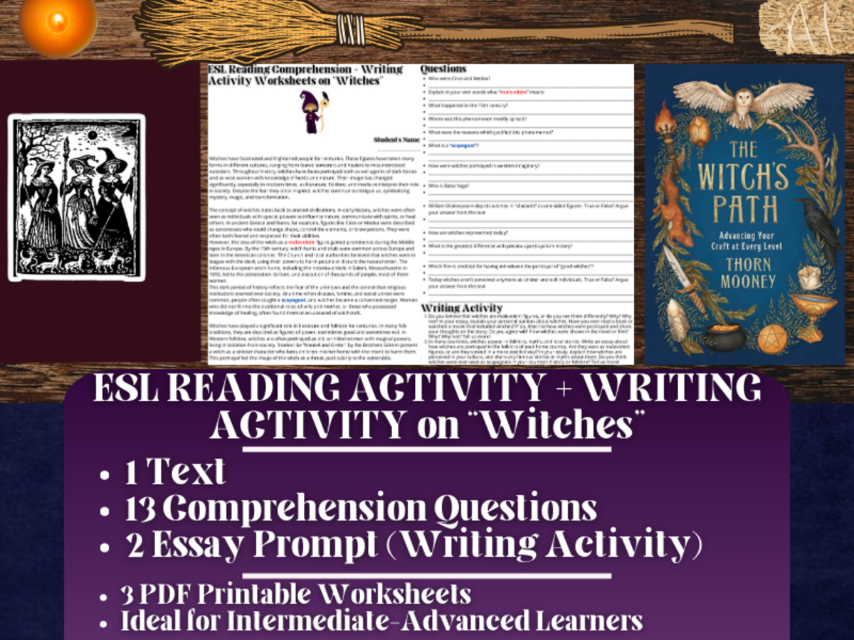 An educational teaching resource from Learning with Alan entitled ESL Reading Comprehension + Writing Activity Worksheets on Witches downloadable at Teach Simple.