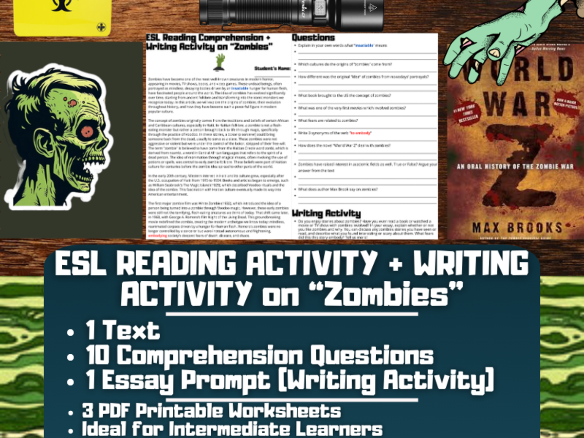 An educational teaching resource from Learning with Alan entitled ESL Reading Comprehension + Writing Activity Worksheets on "Zombies" downloadable at Teach Simple.