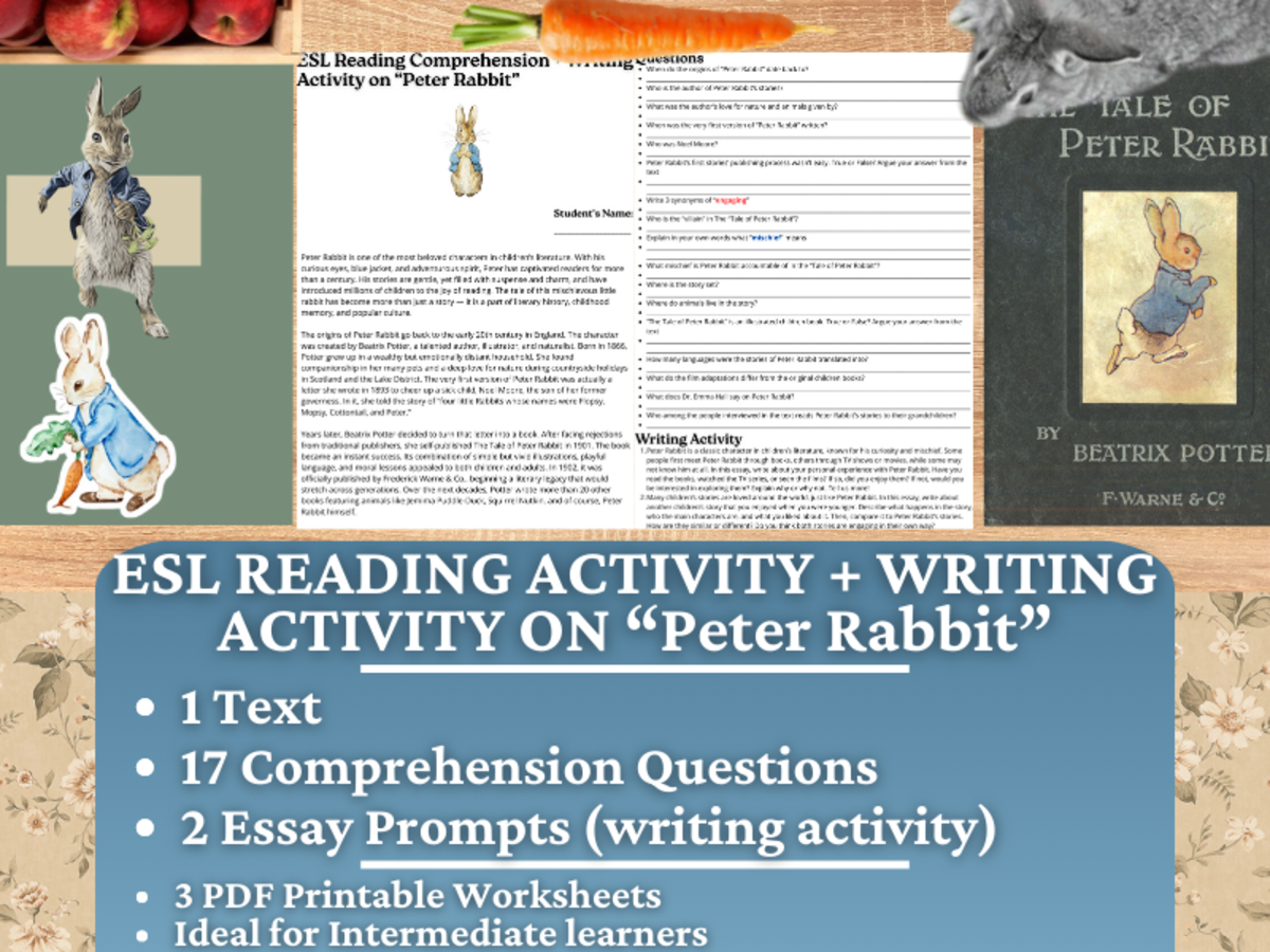 An educational teaching resource from Learning with Alan entitled ESL Reading Comprehension + Writing Activity Worksheets - Peter Rabbit downloadable at Teach Simple.