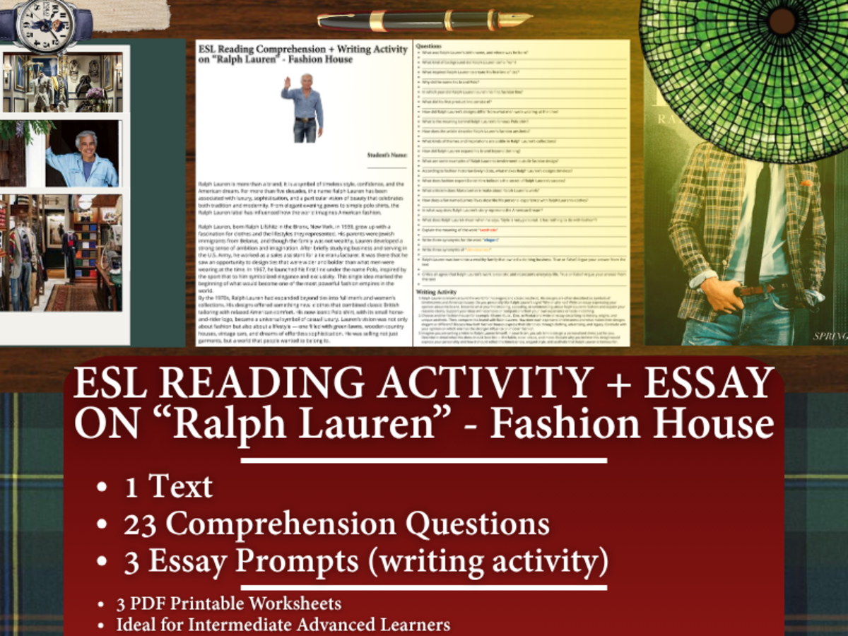 An educational teaching resource from Learning with Alan entitled ESL Reading Comprehension + Writing Activity Worksheets - Ralph Lauren downloadable at Teach Simple.