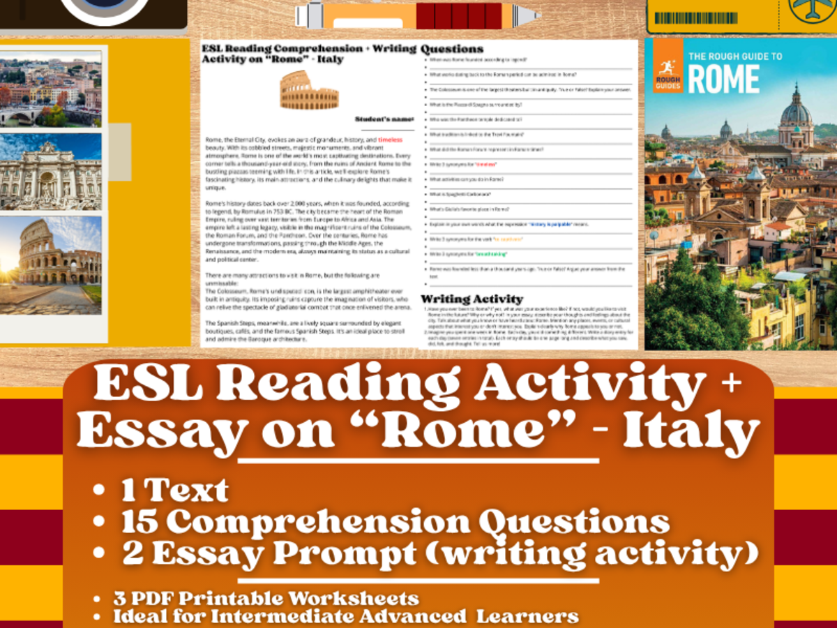 An educational teaching resource from Learning with Alan entitled ESL Reading Comprehension + Writing Activity Worksheets - Rome - Italy downloadable at Teach Simple.