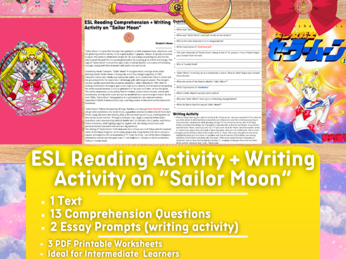 An educational teaching resource from Learning with Alan entitled ESL Reading Comprehension + Writing Activity Worksheets - Sailor Moon downloadable at Teach Simple.
