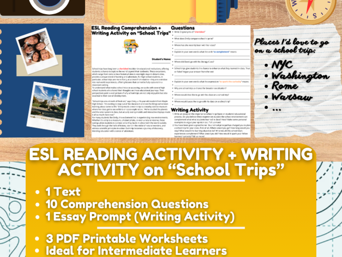 An educational teaching resource from Learning with Alan entitled ESL Reading Comprehension + Writing Activity Worksheets - School Trips downloadable at Teach Simple.