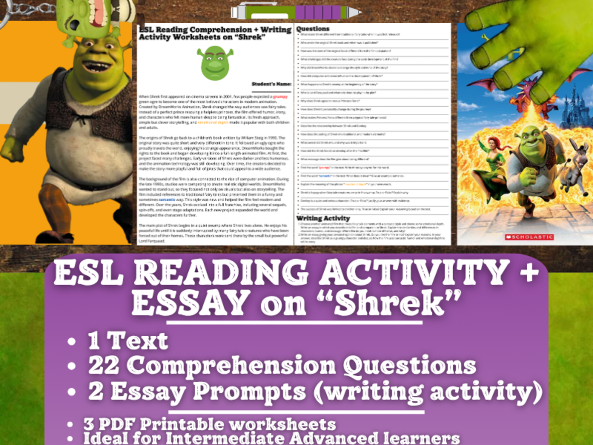 An educational teaching resource from Learning with Alan entitled ESL Reading Comprehension + Writing Activity Worksheets - Shrek downloadable at Teach Simple.