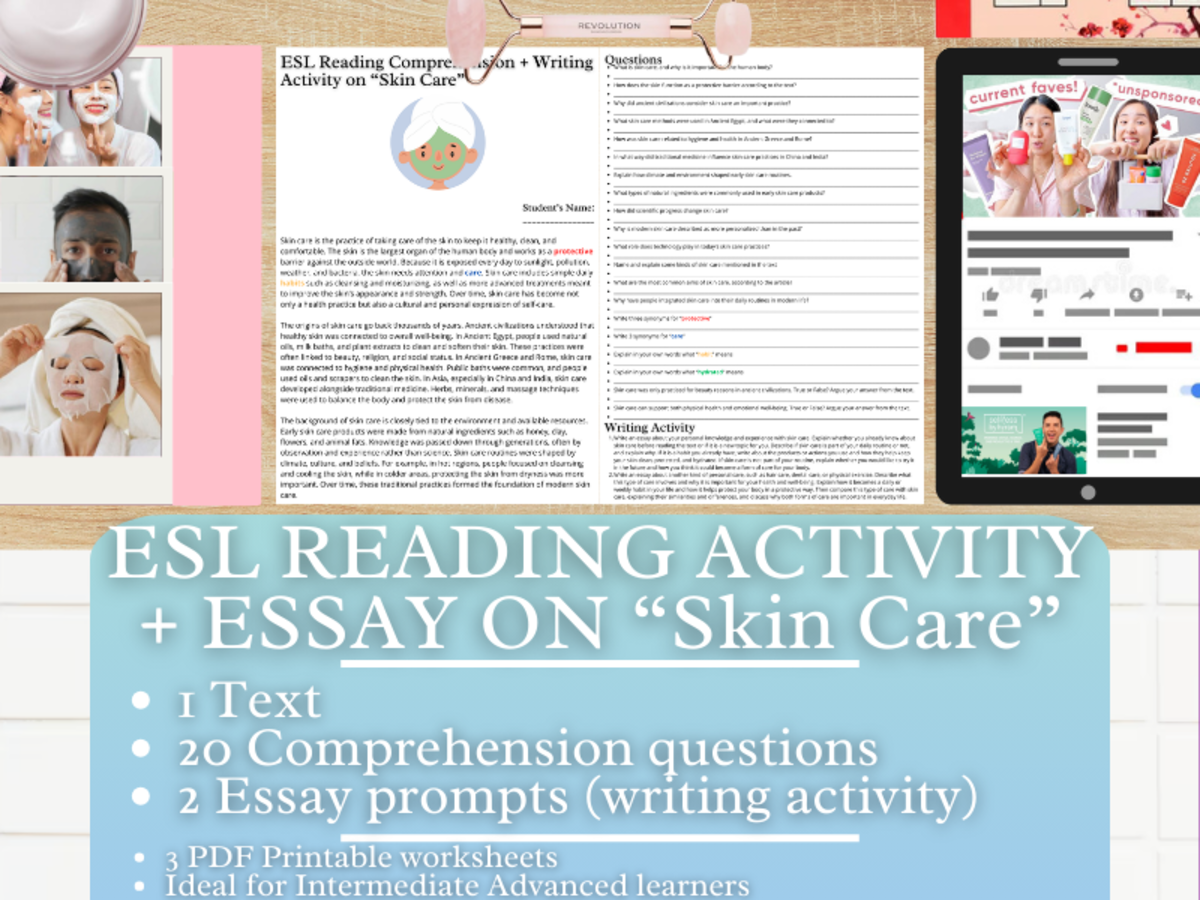 An educational teaching resource from Learning with Alan entitled ESL Reading Comprehension + Writing Activity Worksheets - Skin Care downloadable at Teach Simple.