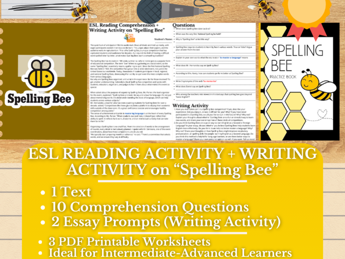 An educational teaching resource from Learning with Alan entitled ESL Reading Comprehension + Writing Activity Worksheets - Spelling Bee downloadable at Teach Simple.