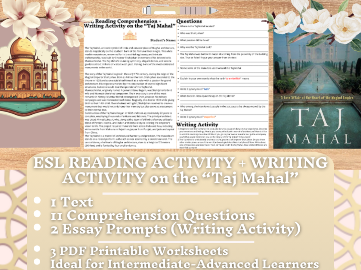 An educational teaching resource from Learning with Alan entitled ESL Reading Comprehension + Writing Activity Worksheets - Taj Mahal downloadable at Teach Simple.