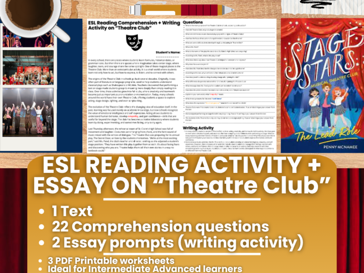 An educational teaching resource from Learning with Alan entitled ESL Reading Comprehension + Writing Activity Worksheets - Theatre Club downloadable at Teach Simple.