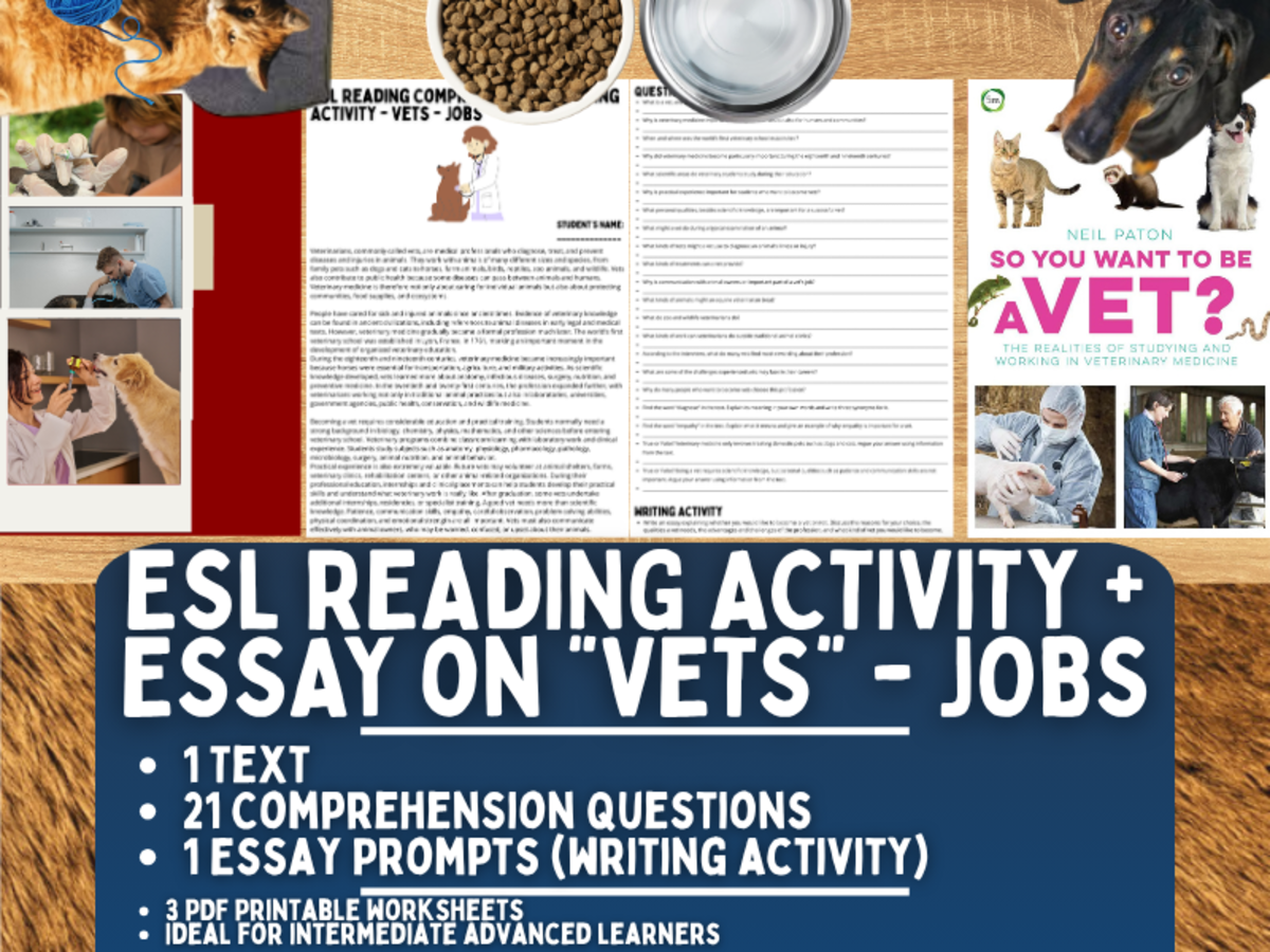 An educational teaching resource from Learning with Alan entitled ESL Reading Comprehension + Writing Activity Worksheets - Vets - Jobs downloadable at Teach Simple.
