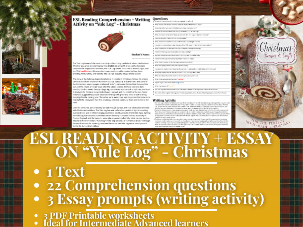 An educational teaching resource from Learning with Alan entitled ESL Reading Comprehension + Writing Activity - Yule Log - Christmas downloadable at Teach Simple.