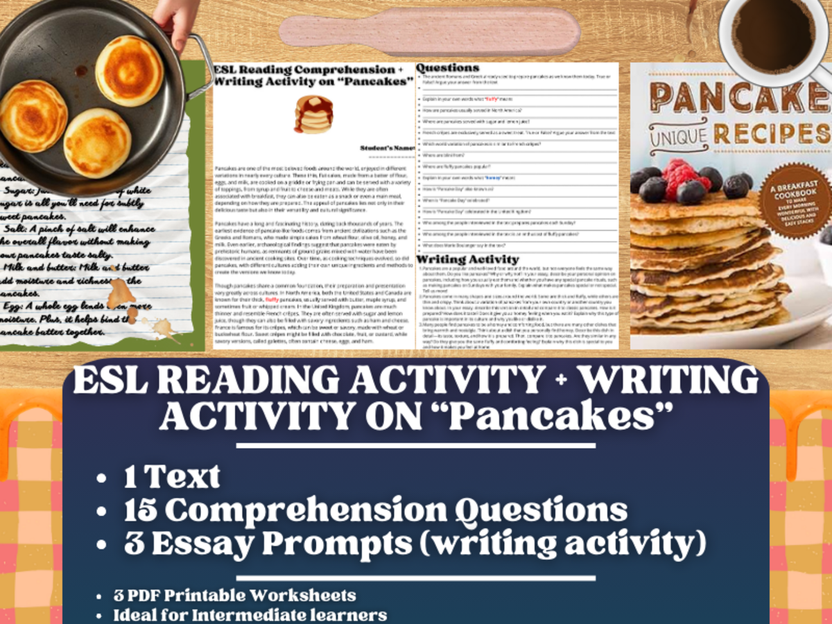An educational teaching resource from Learning with Alan entitled ESL Reading Comprehension + Writing Actvity Worksheets on "Pancakes" downloadable at Teach Simple.
