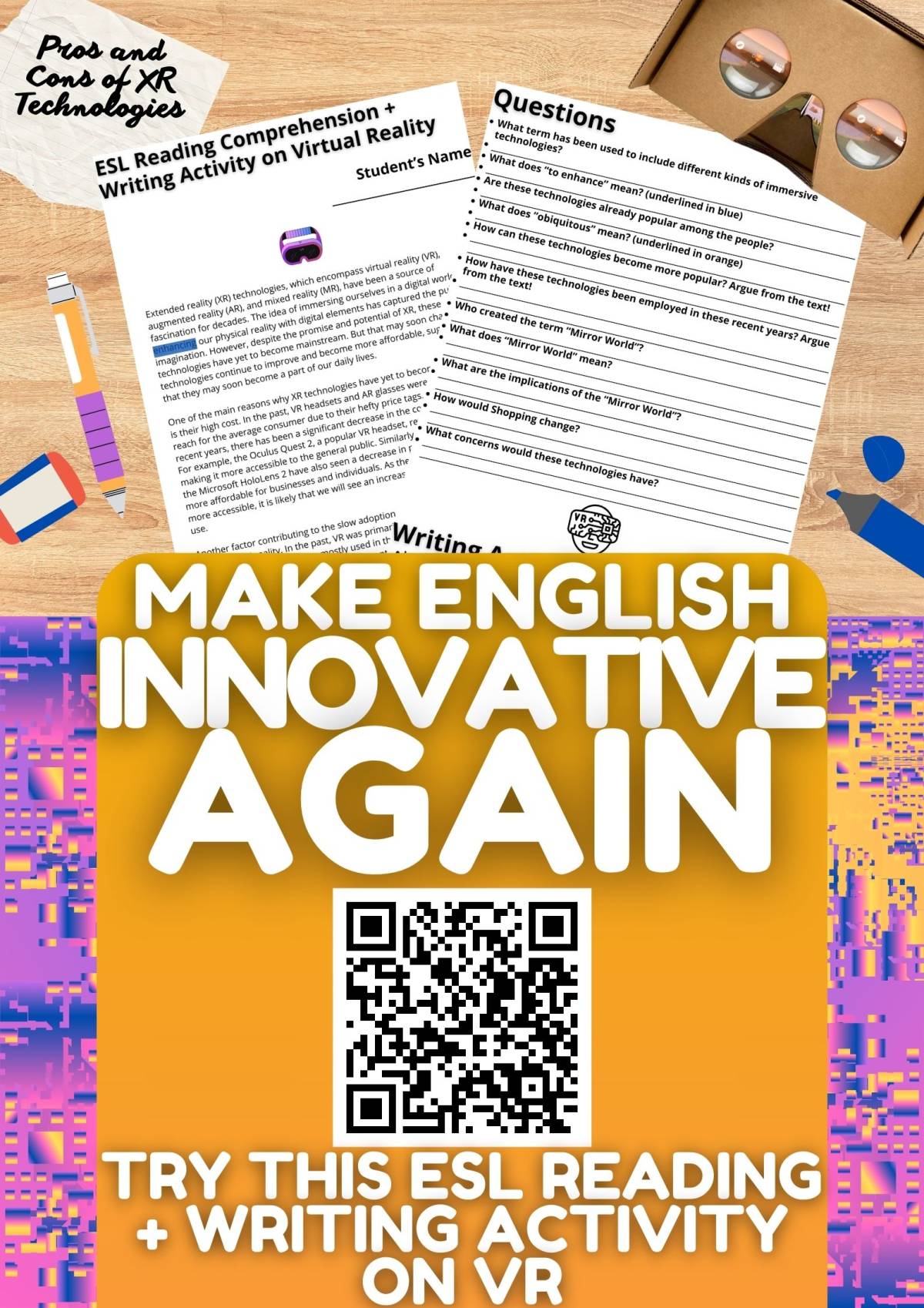An educational teaching resource from Learning with Alan entitled ESL Reading Comprehension + Writing Worksheet - Virtual Reality downloadable at Teach Simple.