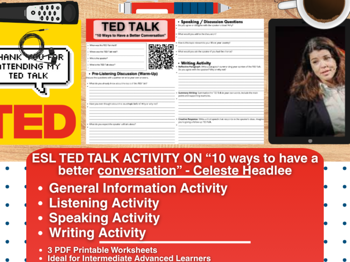 An educational teaching resource from Learning with Alan entitled ESL TED Talk Activity - 10 ways to have a better conversation downloadable at Teach Simple.
