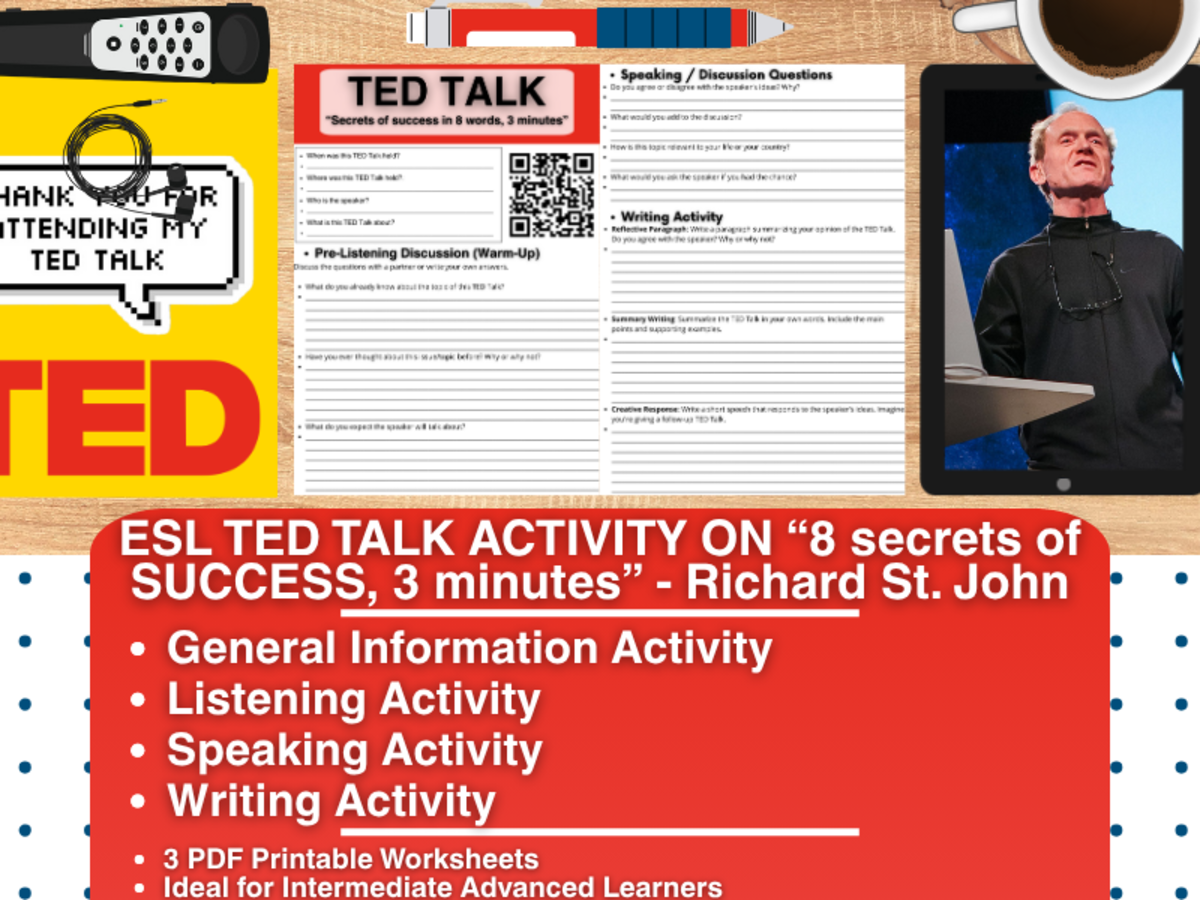 An educational teaching resource from Learning with Alan entitled ESL TED Talk Activity - 8 secrets of Success - Richard St. John downloadable at Teach Simple.