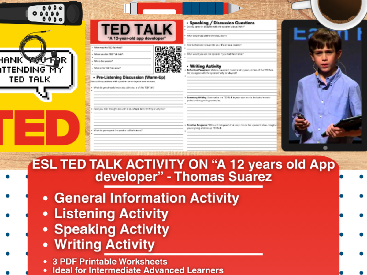 An educational teaching resource from Learning with Alan entitled ESL TED Talk Activity - A 12 year old App Developer - Thomas Suarez downloadable at Teach Simple.