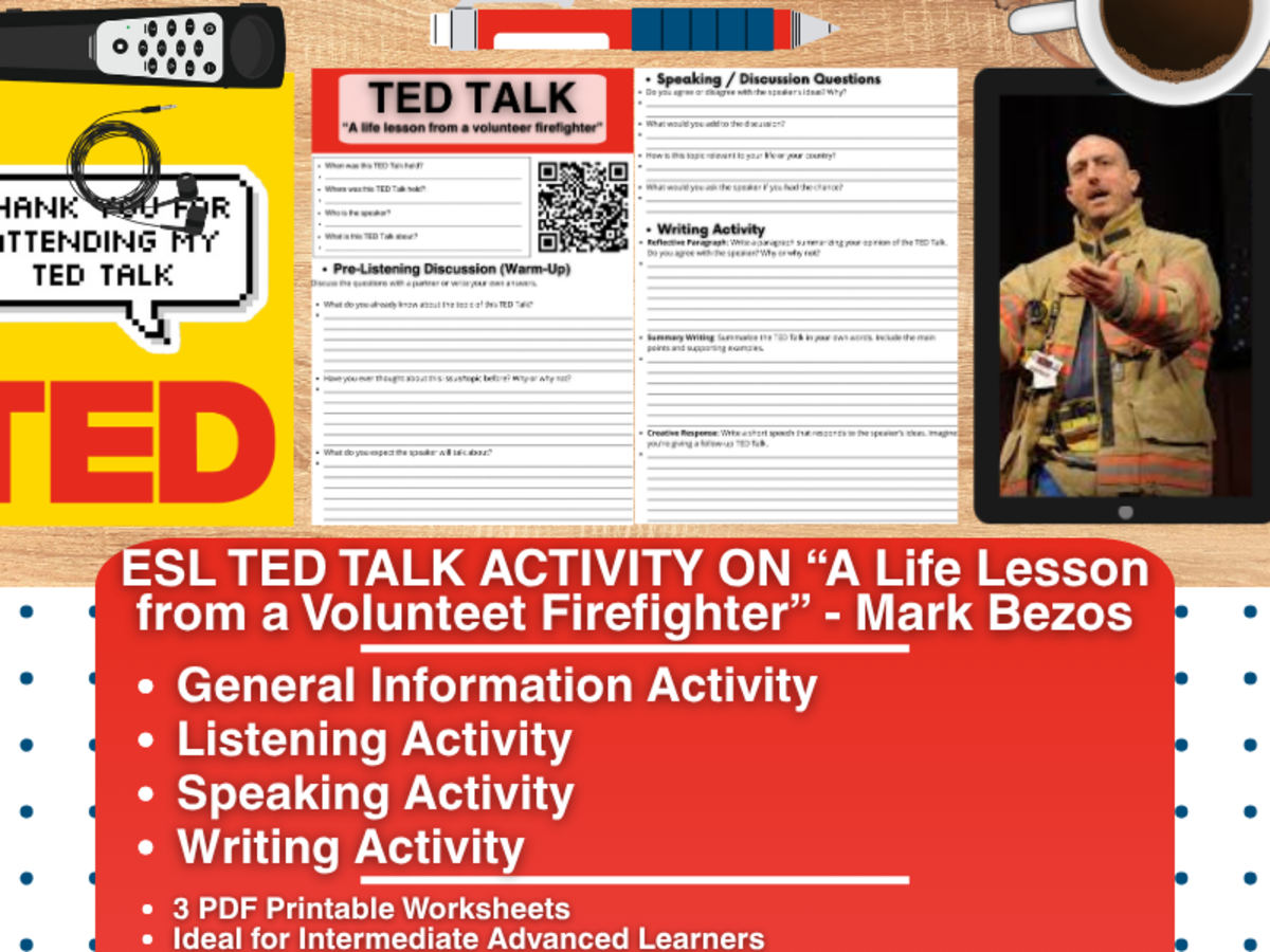 An educational teaching resource from Learning with Alan entitled ESL TED Talk Activity - A Life Lesson from a Volunteer Firefighter downloadable at Teach Simple.