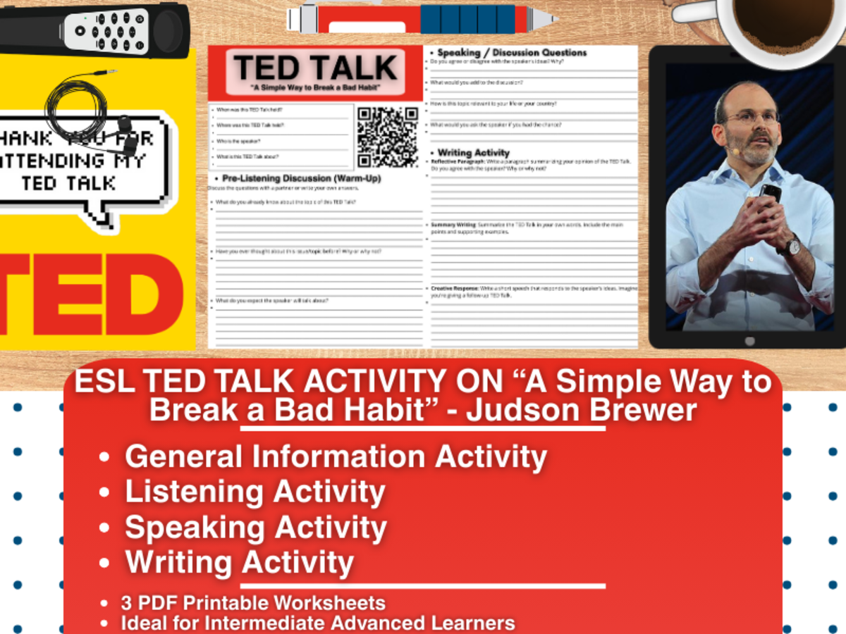 An educational teaching resource from Learning with Alan entitled ESL TED Talk Activity - A Simple Way to Break a Bad Habit downloadable at Teach Simple.