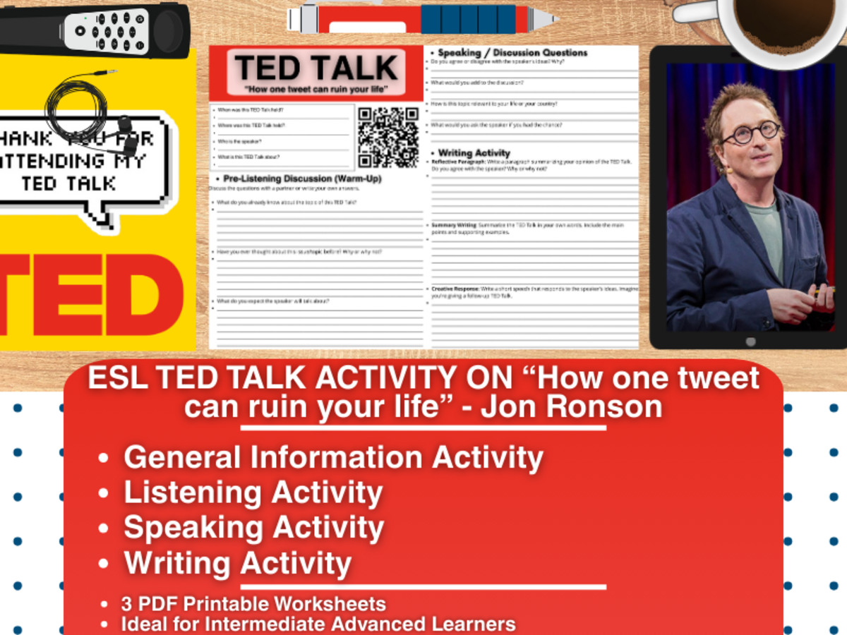 An educational teaching resource from Learning with Alan entitled ESL TED Talk Activity - How one tweet can ruin your life - Jon Ronson downloadable at Teach Simple.