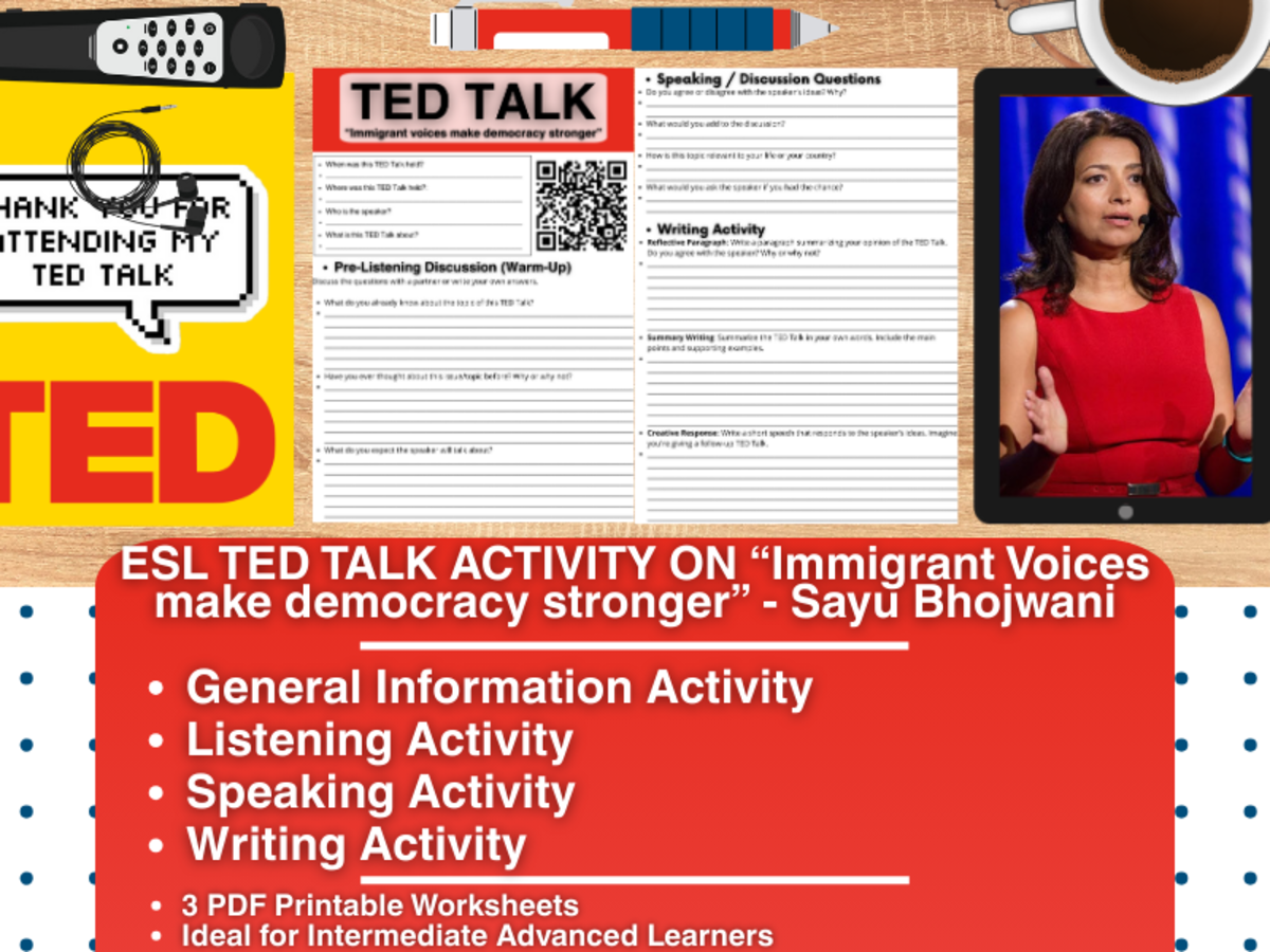 An educational teaching resource from Learning with Alan entitled ESL TED Talk Activity - Immigrant voices make democracy stronger downloadable at Teach Simple.
