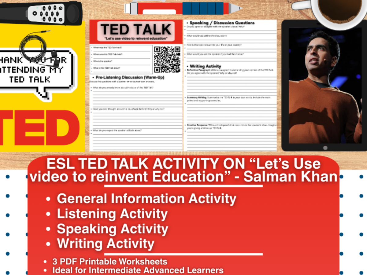 An educational teaching resource from Learning with Alan entitled ESL TED Talk Activity - Let's Use Video to Reinvent Education downloadable at Teach Simple.